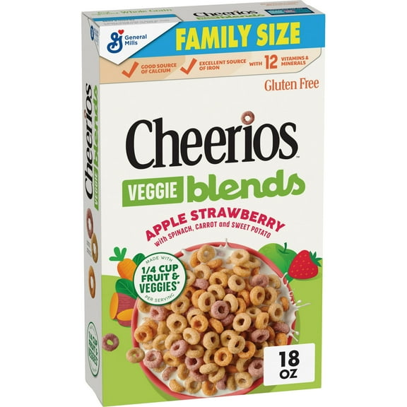 Cheerios Veggie Blends Breakfast Cereal, Apple Strawberry Flavored, Family Size, 18 oz (Pack 6)