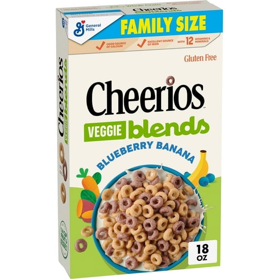 Cheerios Veggie Blends Breakfast Cereal, Blueberry Banana, Family Size, 18 oz(pack of 2)
