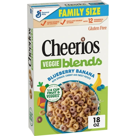 Cheerios Veggie Blends Breakfast Cereal, Blueberry Banana Flavored, Family Size, 18 oz (Pack 6)