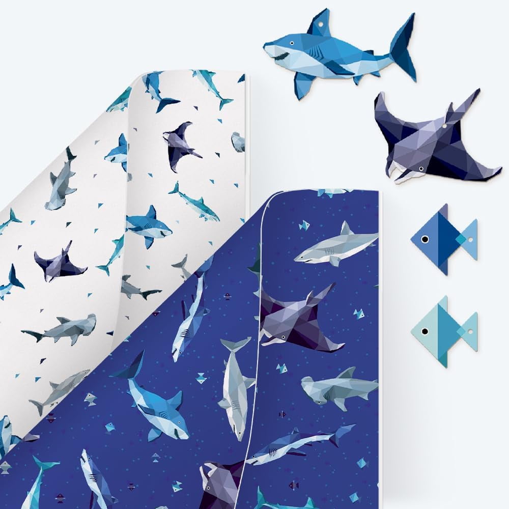 Cheerland 12 Pcs Shark Birthday Gift Wrap Under the Sea Present Wrapping Paper with Marine Animal Gift Tags Ocean Theme