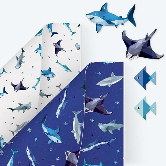 Cheerland 12 Pcs Shark Birthday Gift Wrap Under the Sea Present Wrapping Paper with Marine Animal Gift Tags Ocean Theme