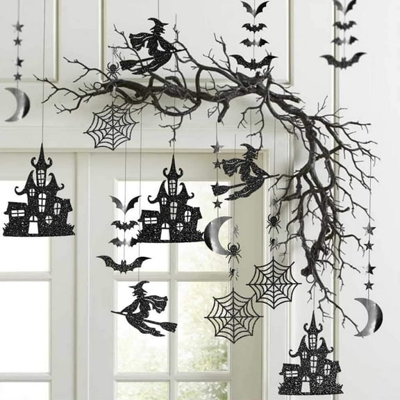 Cheerland 14 Pcs Gothic Witch Garland Black Glitter Gothic Party Decor Halloween Decorations
