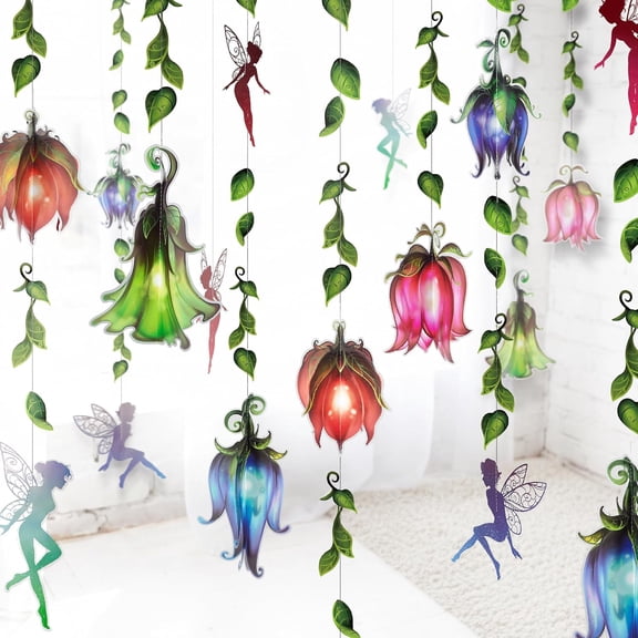Cheerland 16 Pcs Enchanted Forest Decorations Fairy Garland 3D Wildflower Garland Fairy Party Decorations Flower Banner for Enchanted Garden Party Woodland Fantasy Theme Birthday Hanging Fairies