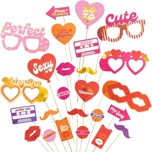 Cheerland 25-Piece Valentine's Day Photo Booth Props - Romantic Love Theme, Pink Red Orange Gold