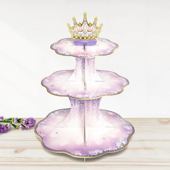 Cheerland 3-Tier Cardboard Paper Purple Crown Dessert Cake Stand