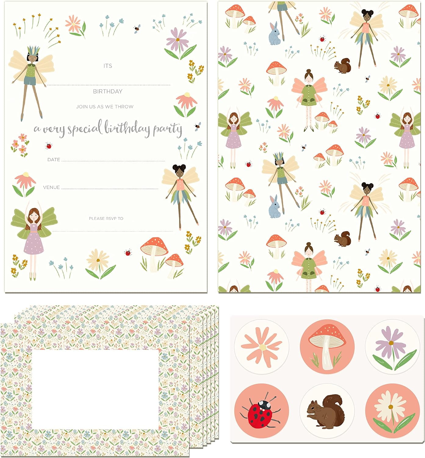 Cheerland 36pcs Pastel Woodland Fairy Theme Invitation Card Envelope Stickers Girls Enchanted Party Decorations Forest Garland Theme Birthday Invites for Kids Fairy Birthday Invitation