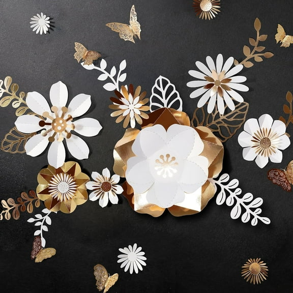 Cheerland 3D Gold and White Flower Butterfly Leaf Wall Decal