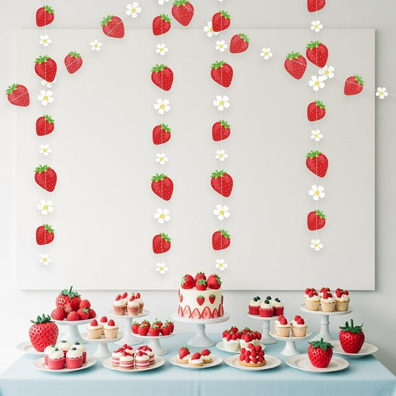 Cheerland 4 Pcs Strawberry Garland Berry First Birthday Decorations Fruit Hanging Banners Streamers for Kids Room