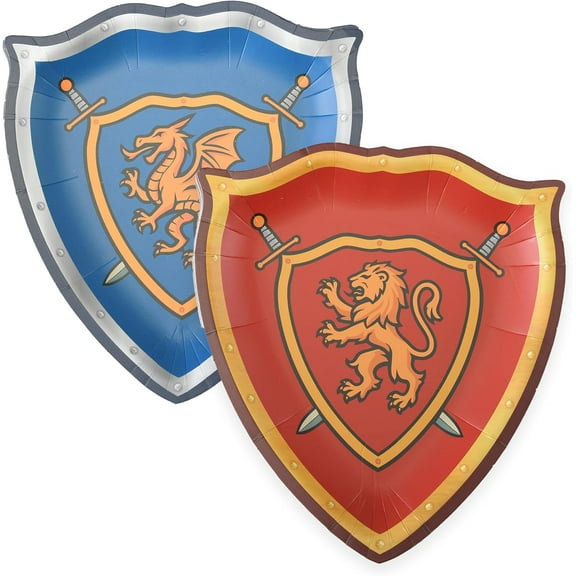 Cheerland 48 Pcs Kite Shield Shape Paper Plates Dragon and Lion Medieval Tableware for Fantasy Themed Knight Party Supplies