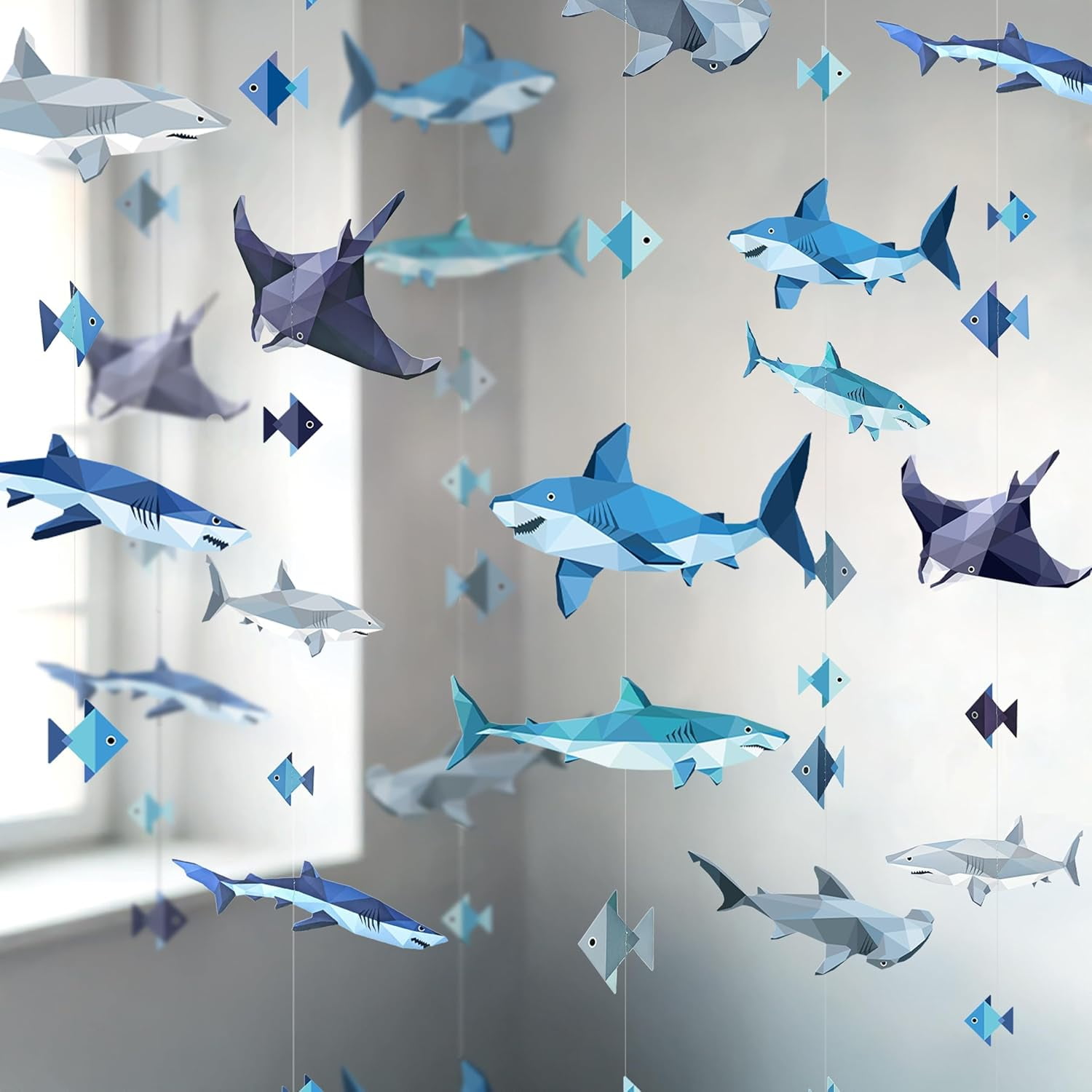 Cheerland 6 Pcs Shark Birthday Party Decorations Hanging Shark Garland Decor Fish Theme Backdrop Banner