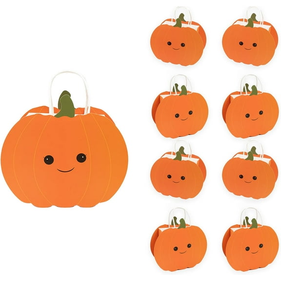 Cheerland 8 Pcs Pumpkin Party Favor Bags Cute Face Pumpkin Shaped Candy Tote Goodie Bag Small with Handle
