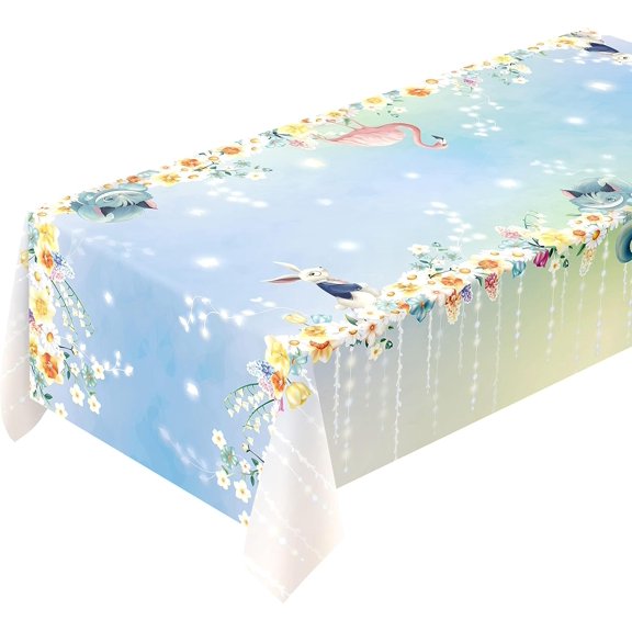 Cheerland 9x5 ft Fabric Tea Party Floral Tablecloth Alice Wonderland Birthday Decoration Easter Bunny Table Cloth Reception Table Cover Spring Easter Theme Birthday Wedding Baby Shower Party Supplies
