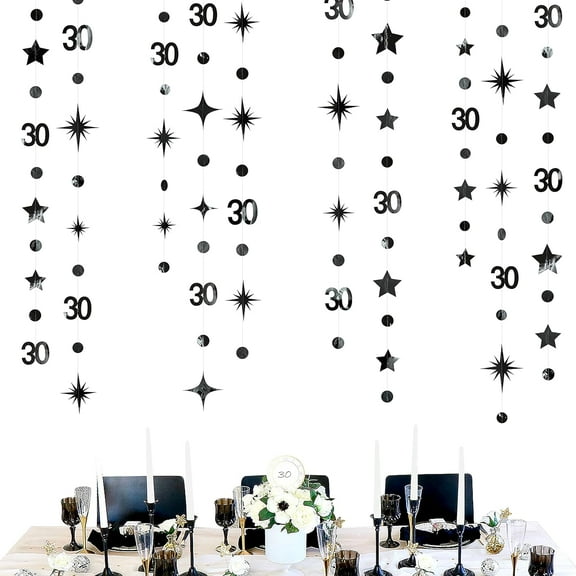 Cheerland Black 30th Birthday Decorations Number 30 Circle Dot Twinkle Star Garland Metallic Hanging Streamer Bunting Banner Backdrop