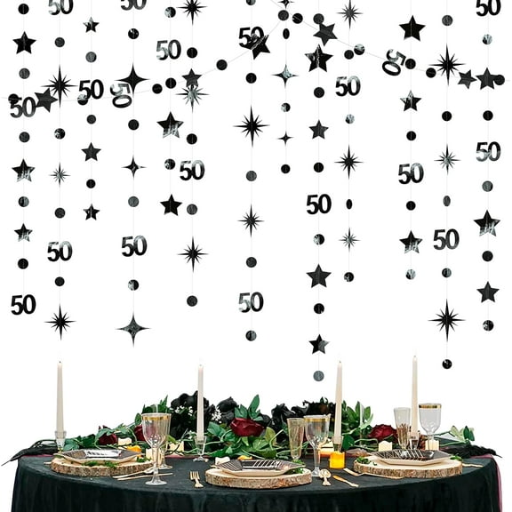 Cheerland Black 50th Birthday Decorations Number 50 Circle Dot Twinkle Star Garland Metallic Hanging Streamer Bunting Banner Backdrop