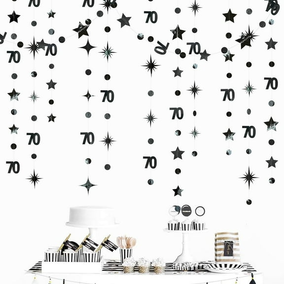 Cheerland Black 70th Birthday Decorations Number 70 Circle Dot Twinkle Star Garland Metallic Hanging Streamer Banner Backdrop