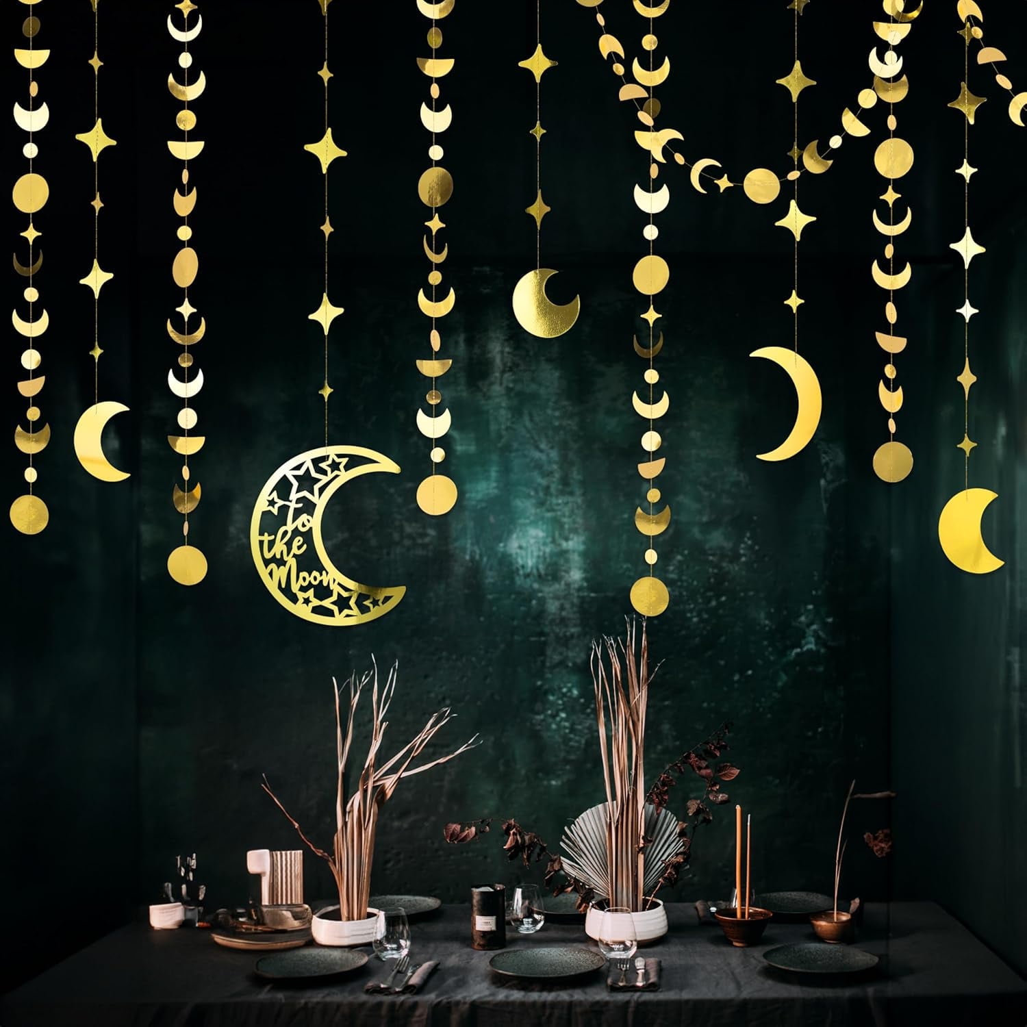 Cheerland Bohemian Moon Phase Hanging Garland, Gold Star Moon Banner, 10-Pack