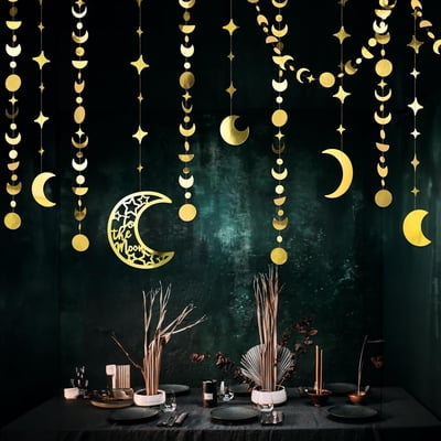 Cheerland Bohemian Moon Phase Hanging Garland, Gold Star Moon Banner, 10-Pack