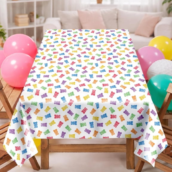 Cheerland Candyland Tablecloth Party Decorations Gummy Candy Land Bear Table Cloth Candy Theme Birthday Party Supplies Colorful Bear Plastic Covers for Sweet Treat Dessert Bake Sale 2Pcs