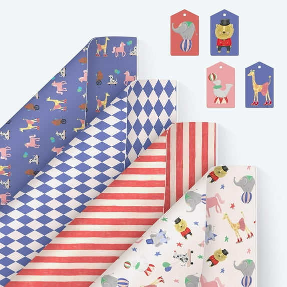 Cheerland Circus Theme Gift Wrapping Paper, 12pcs, Striped Red and Blue