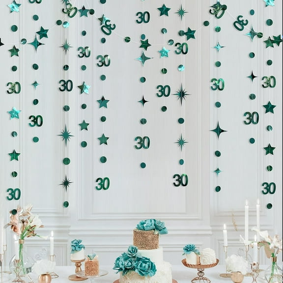 Cheerland Emerald Green 30th Birthday Decorations Number 30 Circle Dot Star Garland Metallic Hanging Streamer Bunting Banner Backdrop
