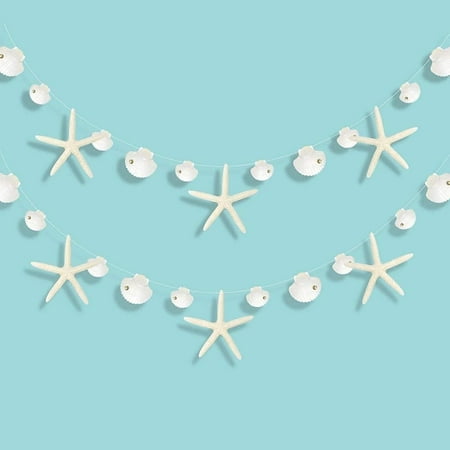 Cheerland Flat Paper White Finger Starfish and Seashell Garland for Ocean Coastal Nautical Party Decoration, 20 Ft