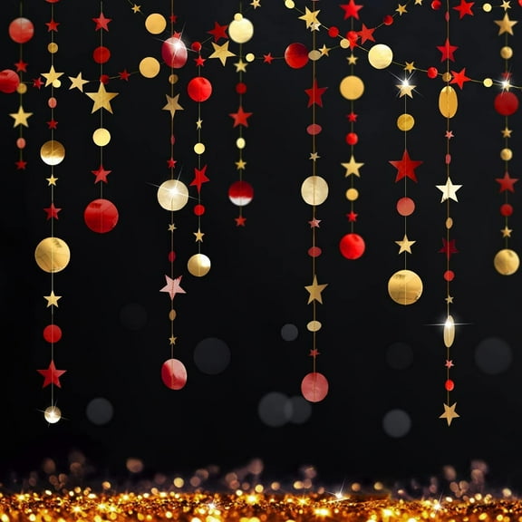 Cheerland Garland, 39 Ft, Red Circle Dots, Red Twinkle Star Streamer, Hanging Backdrop