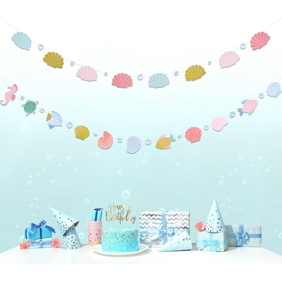Cheerland Garland Pastel Seashells Fish Seahorse for Mermaid Birthday Party, 2-Piece, 18.2 ft