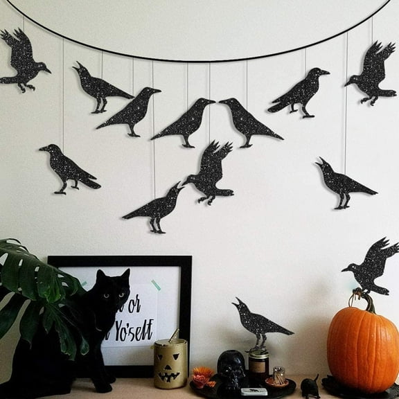 Cheerland Glitter Black Crow Banner Halloween Decorations, 32 Pcs, 16 ft
