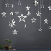 Cheerland Glitter Silver Star Garlands 3D Star Hanging Decorations, 6.6 ft