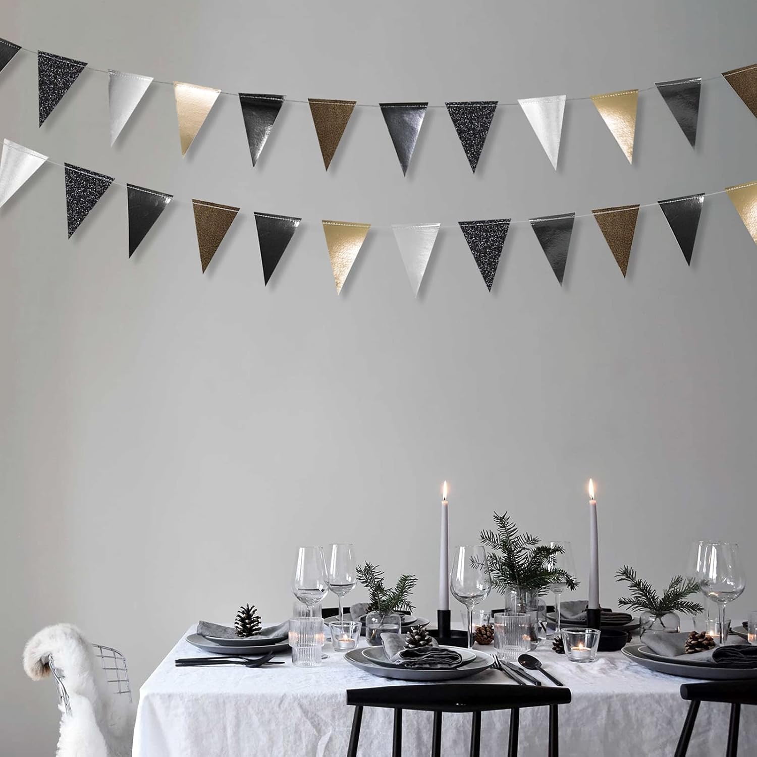 Cheerland Glitter Triangle Flag Banner Garland, Black Gold Silver, 40 ...