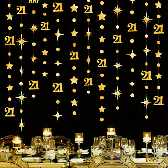 Cheerland Gold 21st Birthday Decorations Number 21 Circle Dot Twinkle Star Garland Metallic Hanging Streamer Banner Backdrop