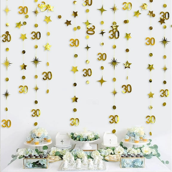 Cheerland Gold 30th Birthday Decorations Number 30 Circle Dot Twinkle Star Garland Metallic Hanging Streamer Bunting Banner Backdrop