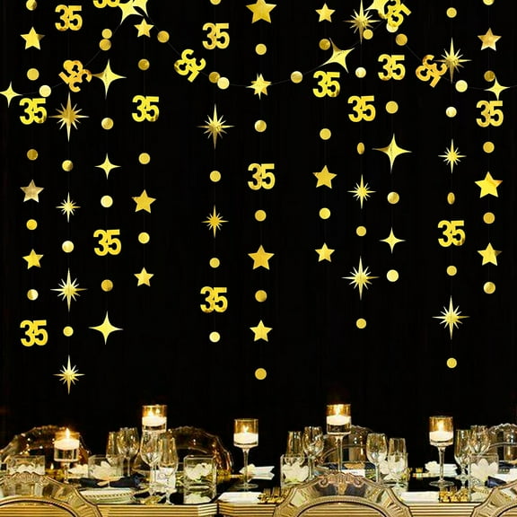 Cheerland Gold 35th Birthday Decorations Number 35 Circle Dot Twinkle Star Garland Metallic Hanging Streamer Bunting Banner Backdrop