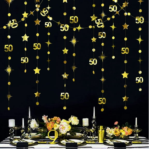 Cheerland Gold 50th Birthday Decorations Number 50 Circle Dot Twinkle Star Garland Metallic Hanging Streamer Bunting Banner Backdrop