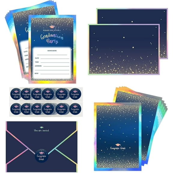 Cheerland Graduation Invitation Set, Holographic Blue Paper, 12 Counts