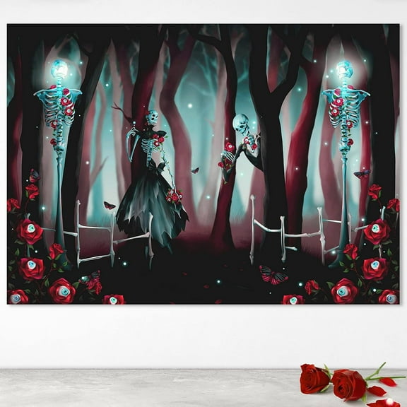 Cheerland Halloween Backdrop Fabric Rose Skeleton Skull Halloween Banner, 5x7ft