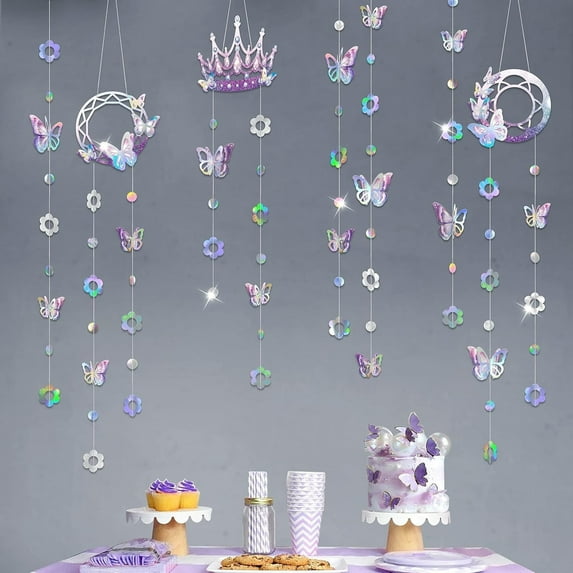Cheerland Iridescent Lavender Butterfly Flower Garland, Card Paper, 7pcs