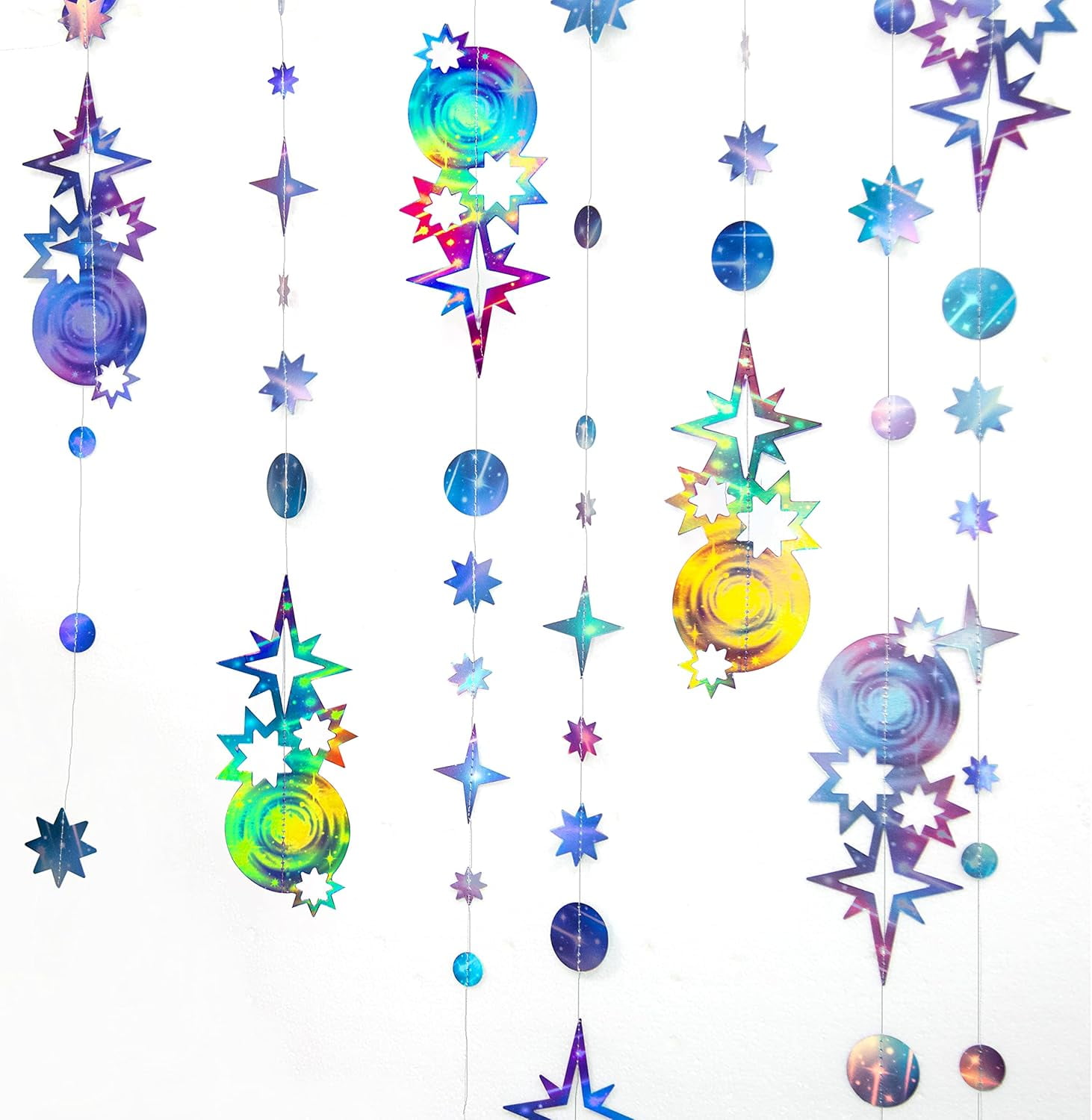 Cheerland Iridescent Star Galaxy Hanging Streamer Banner Backdrop, 6 Pcs