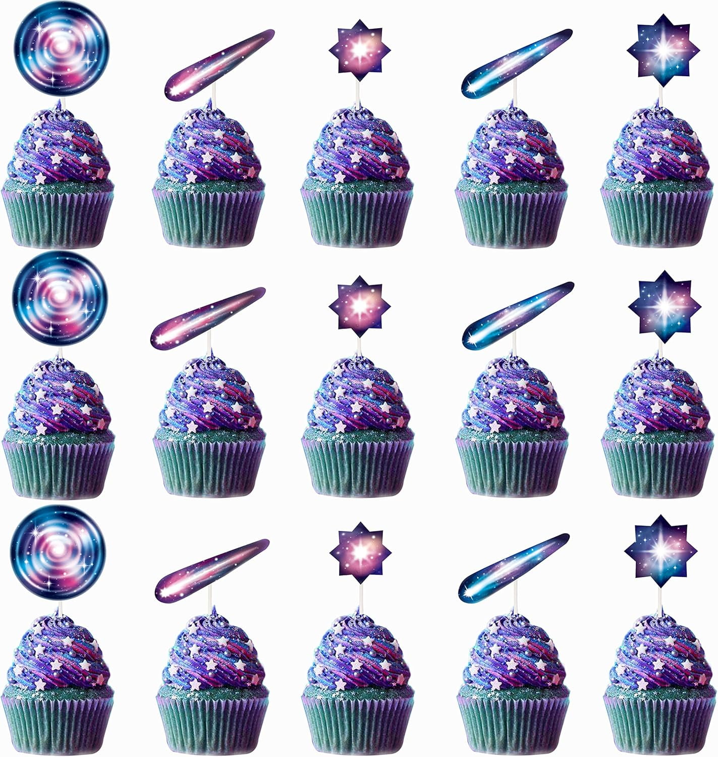 Cheerland Iridescent Twinkle Star Space Galaxy Celestial Shooting Stars Cupcake Topper, 15 Count