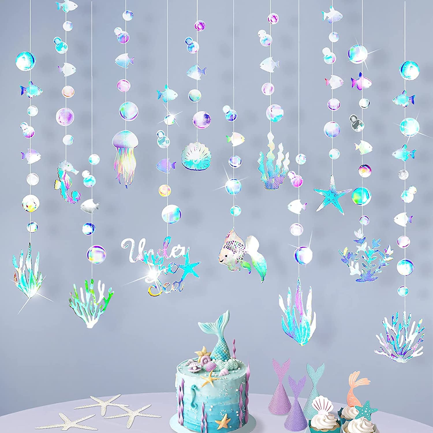 Cheerland Iridescent Under The Sea Party Garland Decoration Kids Mermaid Birthday Party Decorations Ocean Theme Baby Shower Banner Streamer Backdrop Party Supplies