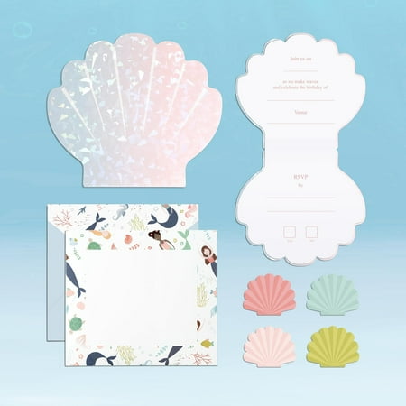 Cheerland Mermaid Seashell Invitations with Envelopes, Iridescent Ocean Themed, 8 Pcs