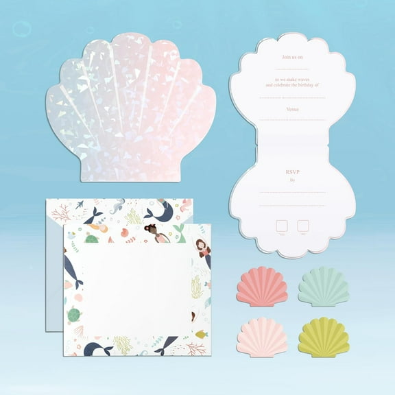 Cheerland Mermaid Seashell Invitations with Envelopes, Iridescent Ocean Themed, 8 Pcs