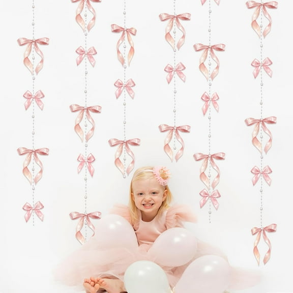Cheerland Pink Bow Garland with Hanging Pearls 4 Pack Princess Decor for Girls Birthday Baby Shower Backdrop