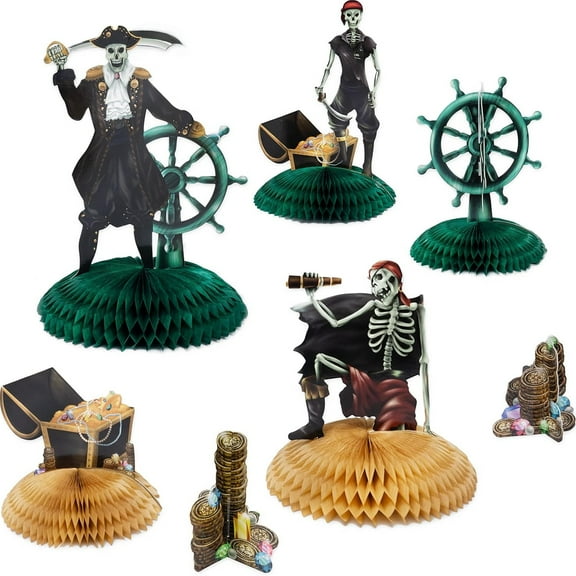 Cheerland Pirate Party Centerpiece, Skull Ship Helm Wheel, Skeleton Treasure, 7 pcs