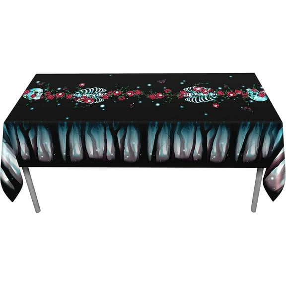 Cheerland Polyester Rose Skeleton Skull Halloween Tablecloth, 9x5ft, Black