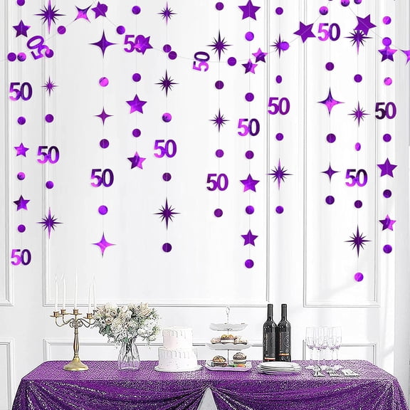 Cheerland Purple 50th Birthday Decorations Number 50 Circle Dot Twinkle Star Garland Metallic Hanging Streamer Bunting Banner Backdrop
