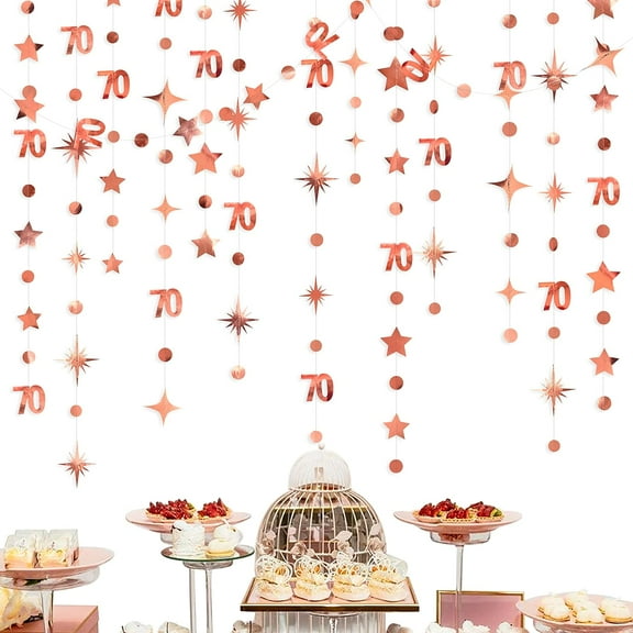 Cheerland Rose Gold 70th Birthday Decorations Number 70 Circle Dot Twinkle Star Garland Streamer Banner Backdrop