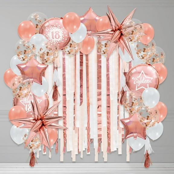 Cheerland Rose Gold Balloons Tassel Garland Arch Kit with Stars Backdrop, 56pcs