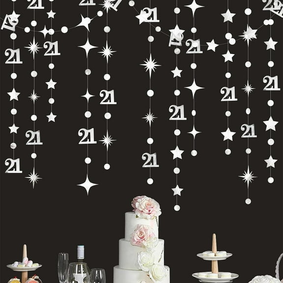 Cheerland Silver 21st Birthday Decorations Number 21 Circle Dot Twinkle Star Garland Metallic Hanging Streamer Banner Backdrop