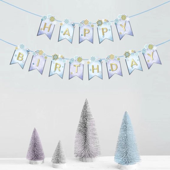 Cheerland Snowflake Happy Birthday Flag Banners in Blue and White, 2 Pcs
